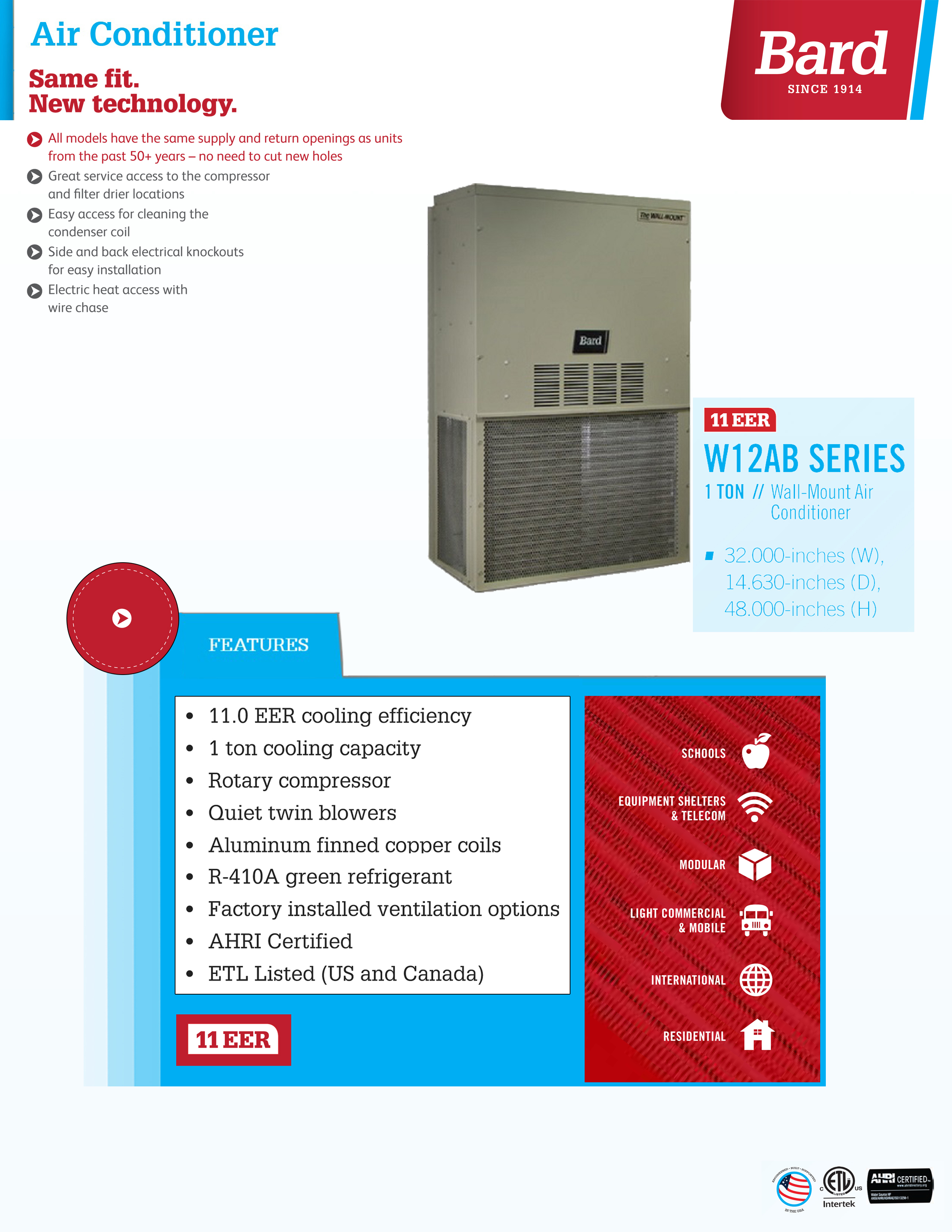 1 Ton Bard 11EER Wall Hung Air Conditioning Unit 5kW Heater, W12AB-A05 (F)